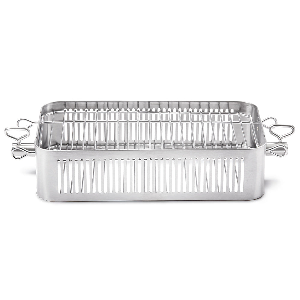 Stainless steel rotisserie basket with raised wire top and front vent slots