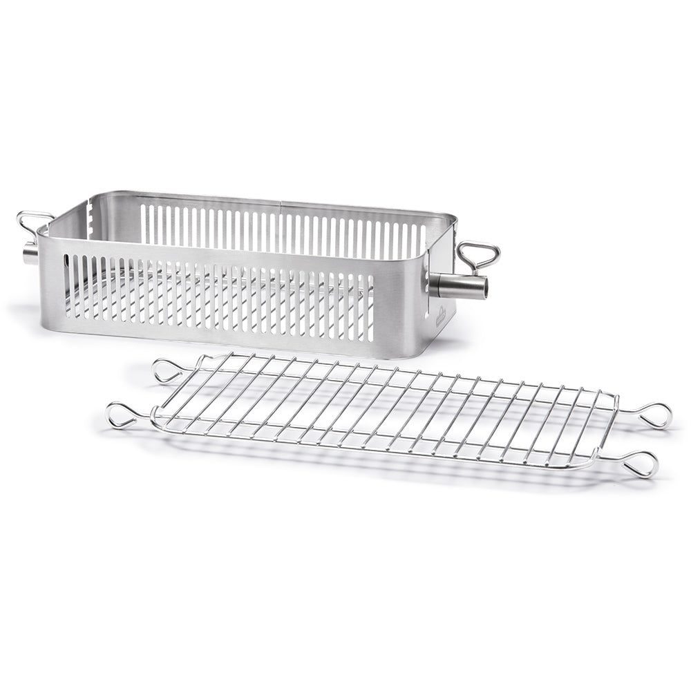 Stainless steel rotisserie basket with wire grate and side carrying handles