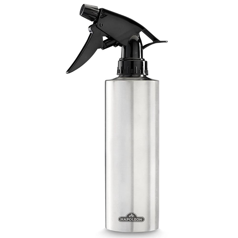 Stainless steel spray bottle with black trigger sprayer and cap
