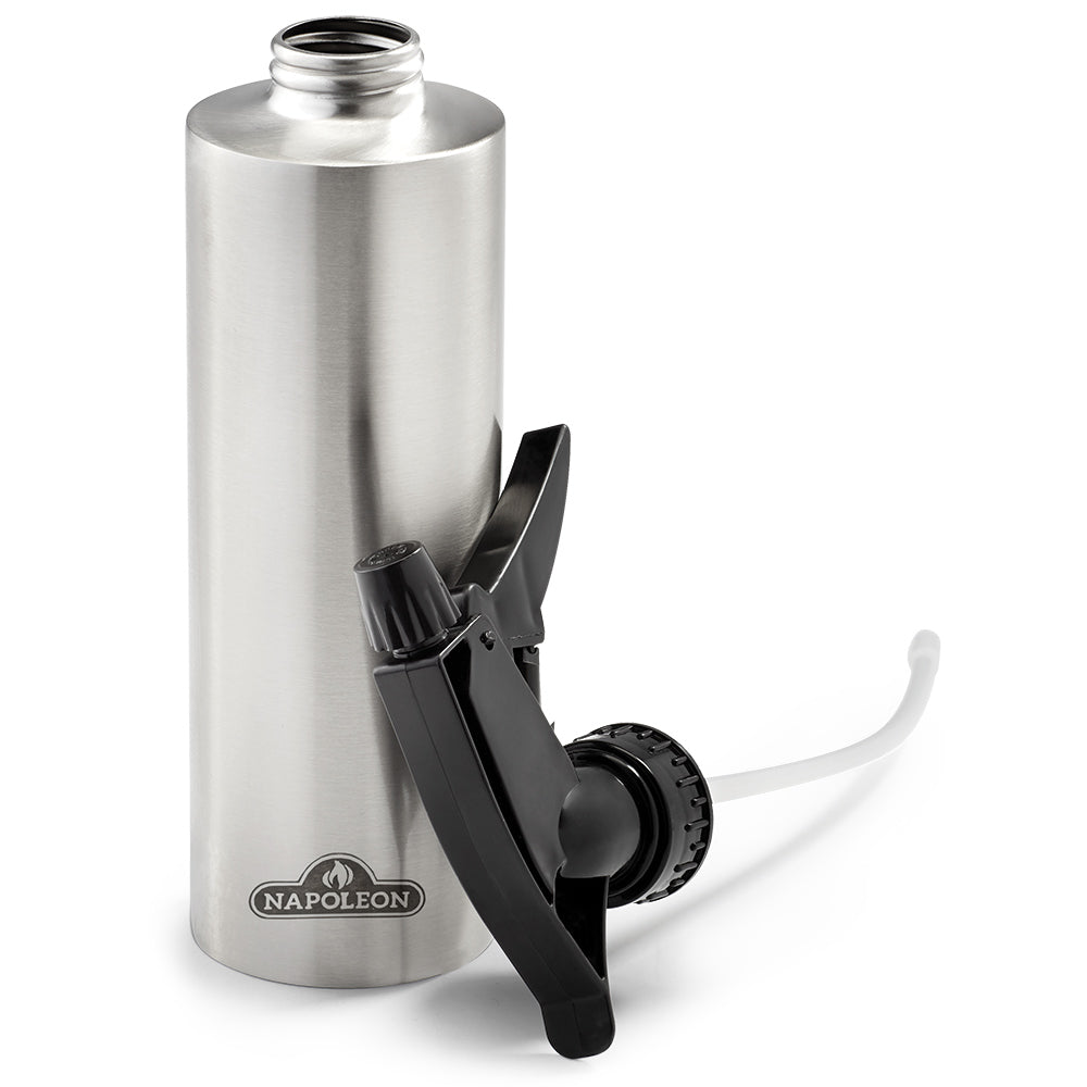 Stainless steel spray bottle with side lever sprayer head and black nozzle