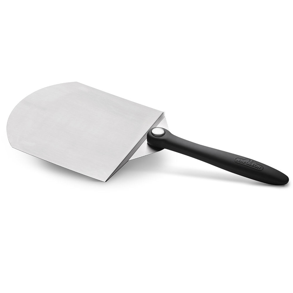 Stainless pizza spatula with wide metal blade and black handle, rounded edge