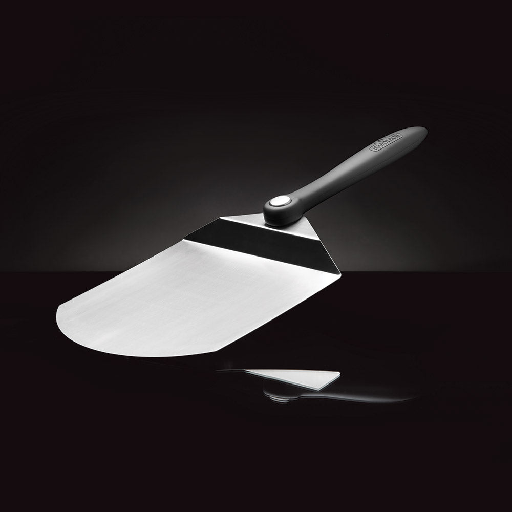 Pizza spatula with triangular metal blade and black handle, angled for lifting slices