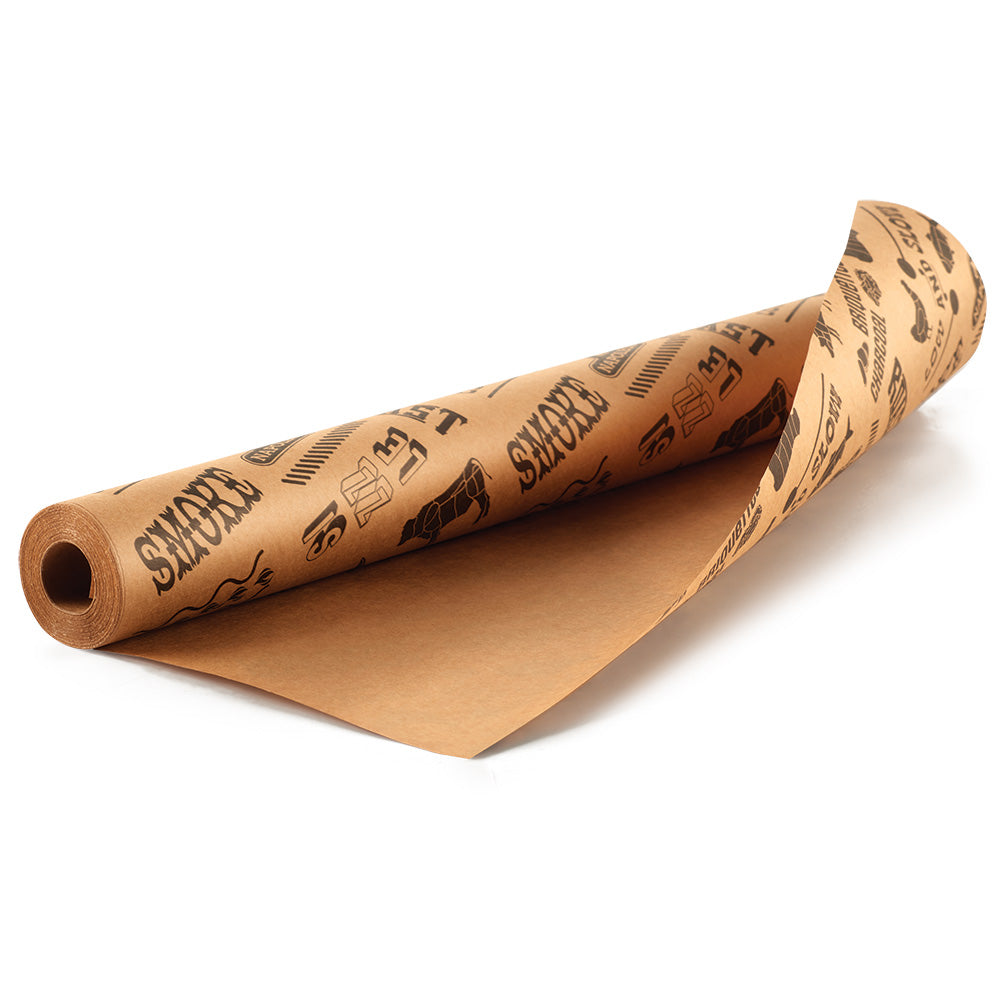 Butcher paper roll in brown with black printed text