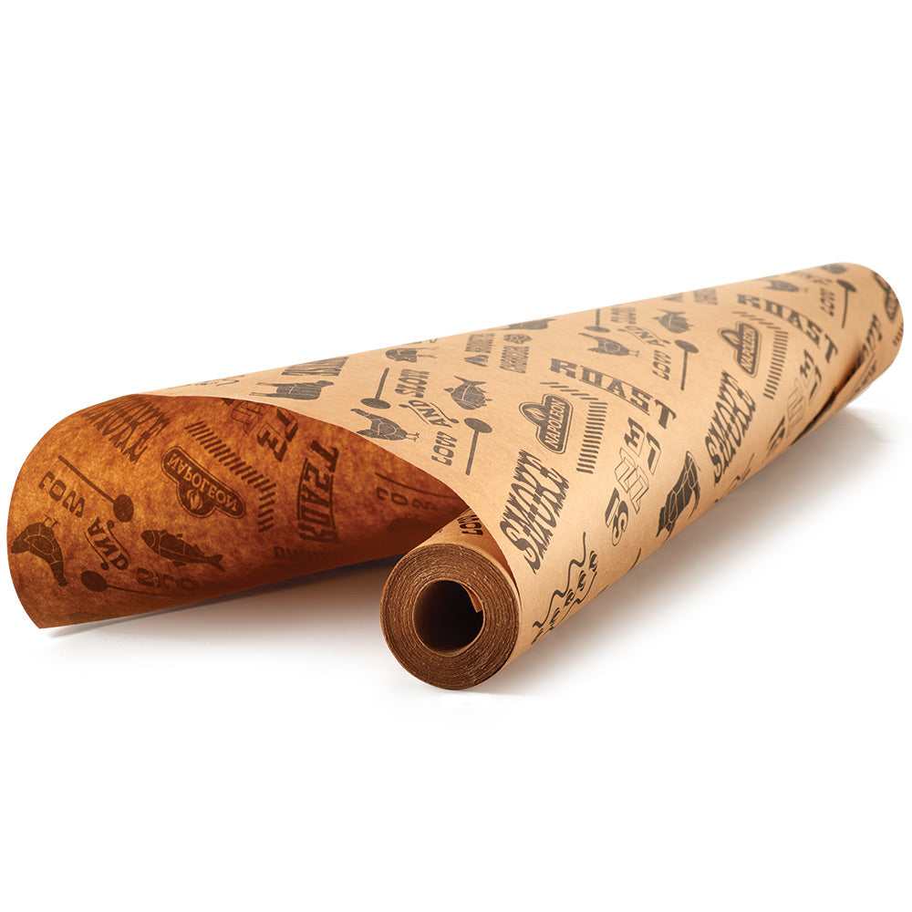 Rolled brown butcher paper with black print logos on the outside.