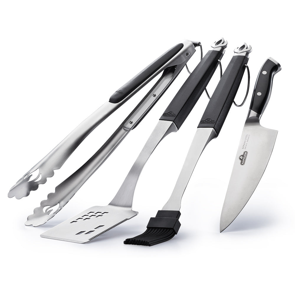Stainless steel BBQ tool set with black handles: tongs, spatula, fork, knife.