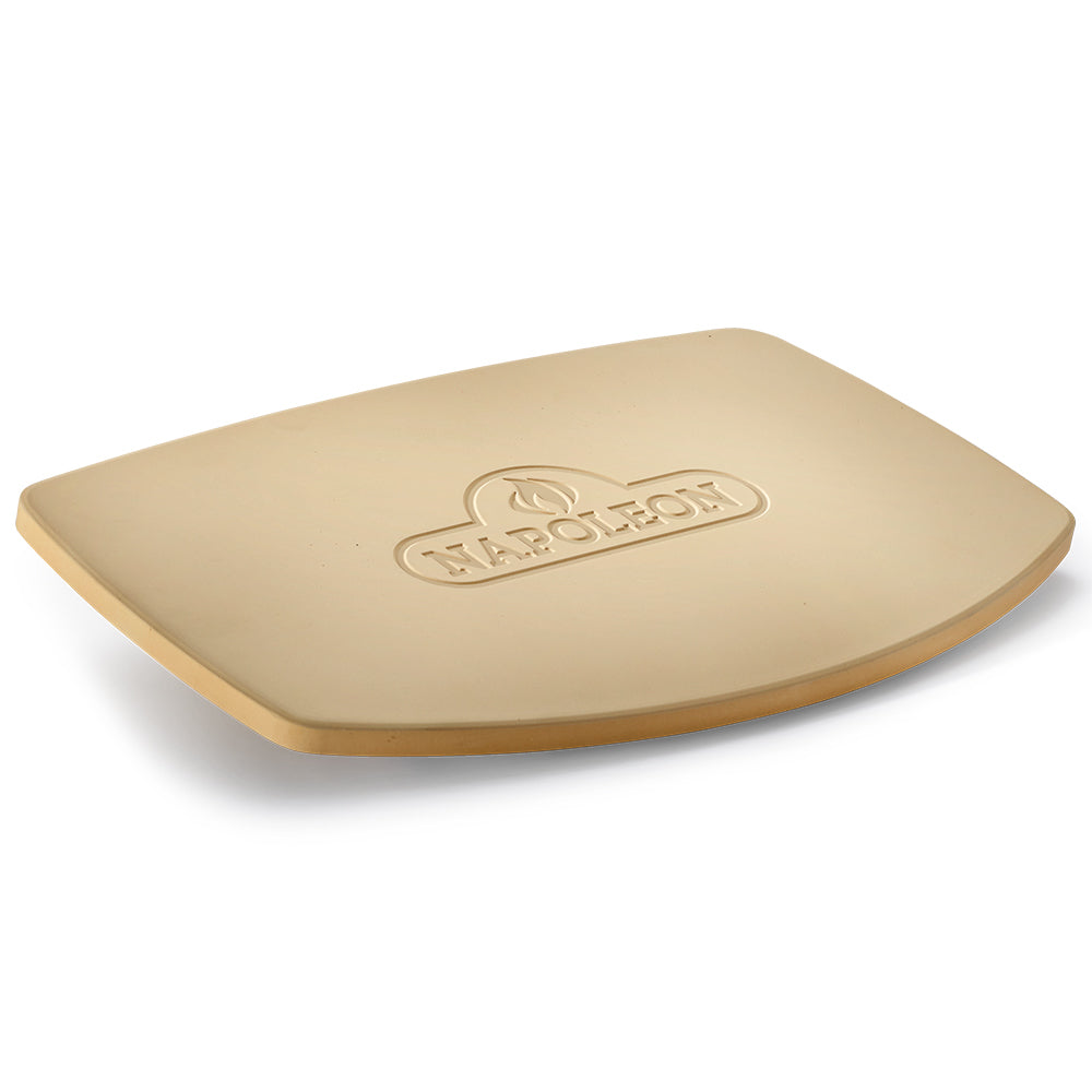 Napoleon TravelQ pizza stone with embossed logo, light tan ceramic baking surface