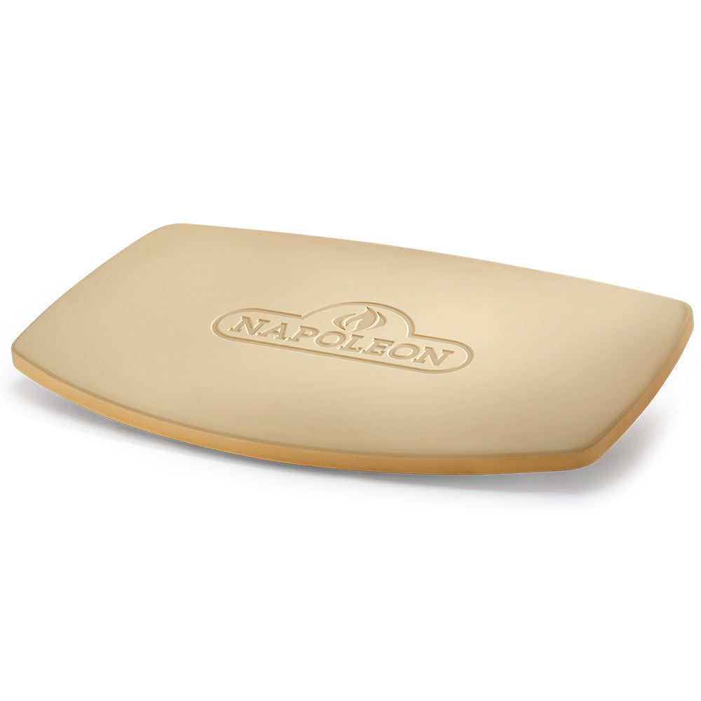 Pizza stone with Napoleon logo, light tan rectangular baking slab with rounded corners