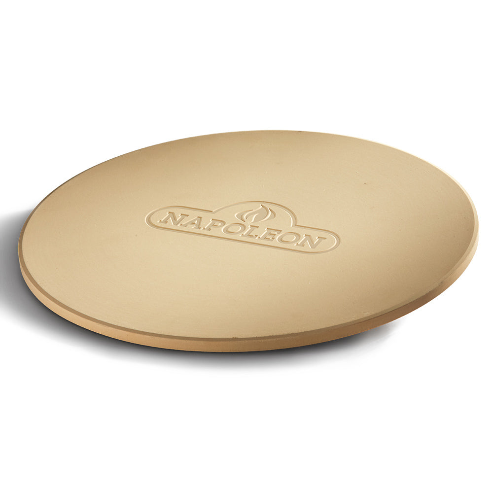 Round pizza stone with Napoleon logo, light beige surface