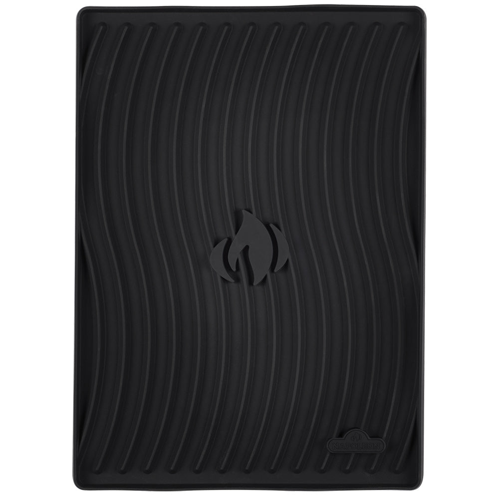 Large black Napoleon side shelf mat with ribbed texture and flame logo, front view