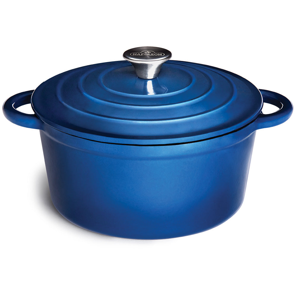 Blue cast iron round casserole dish with matching lid and side handles