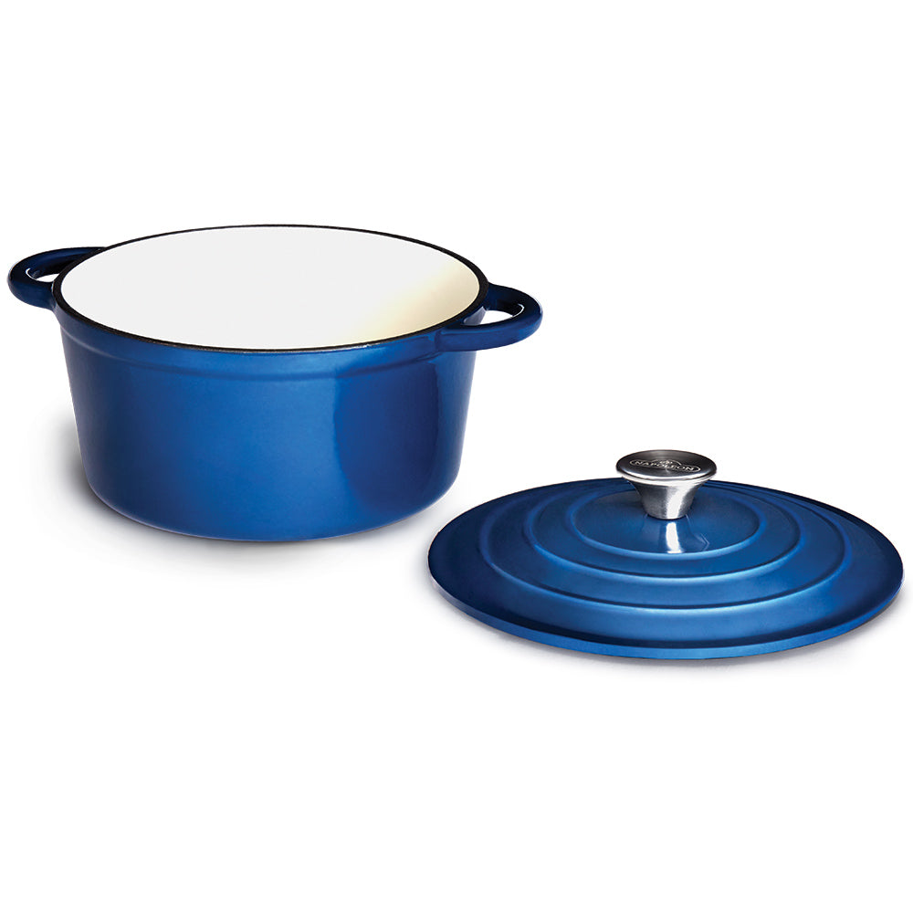 Blue cast iron round casserole dish with lid and domed lid knob