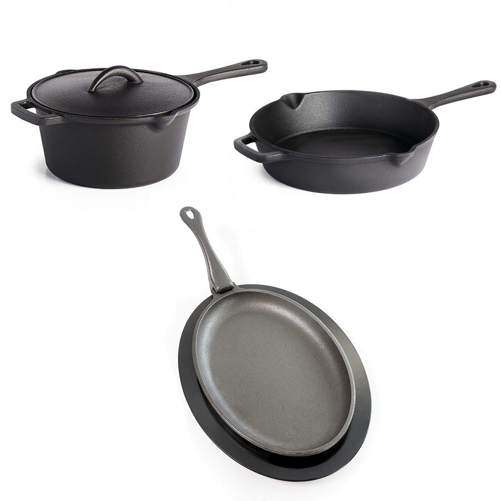 Cast iron cookware set: pot with lid, skillet, and frying pan with handles