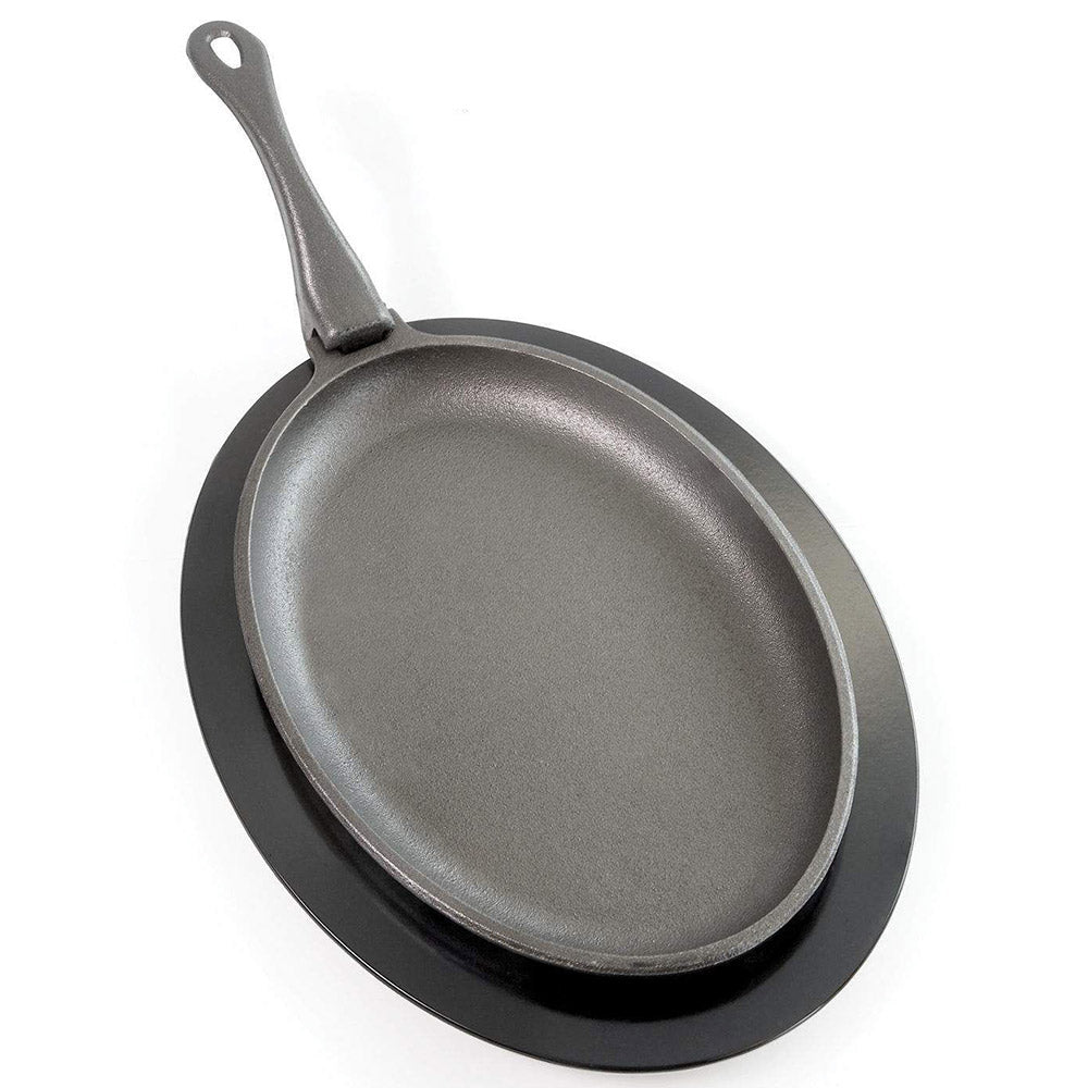 Cast iron skillet with long handle, dark gray cooking surface