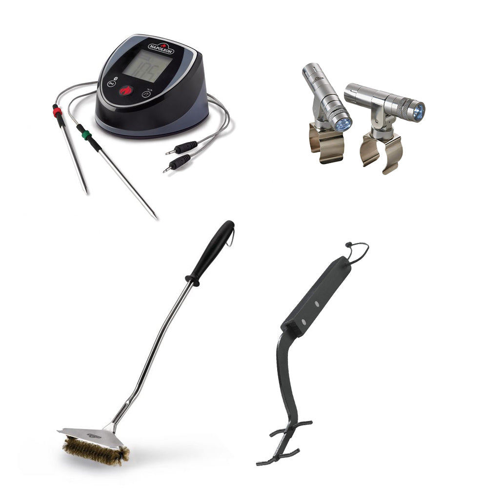Grill accessory bundle with Bluetooth thermometer, LED clamps, grid brush and lifter