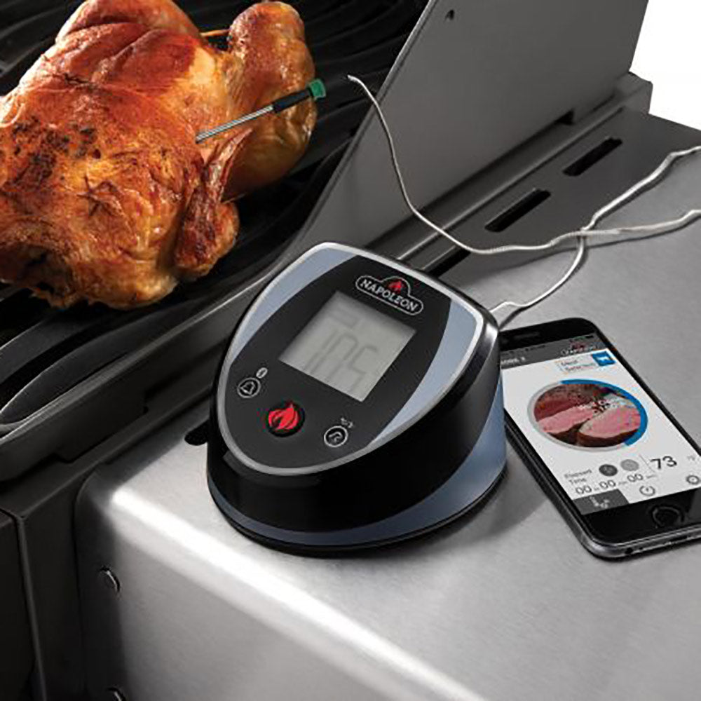 Bluetooth grill thermometer base with display and probe, with phone app nearby