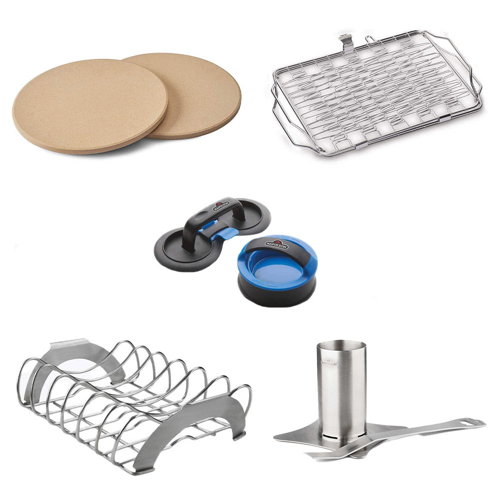 Grill accessory bundle: pizza stones, grill basket, burger press, rib roasting rack