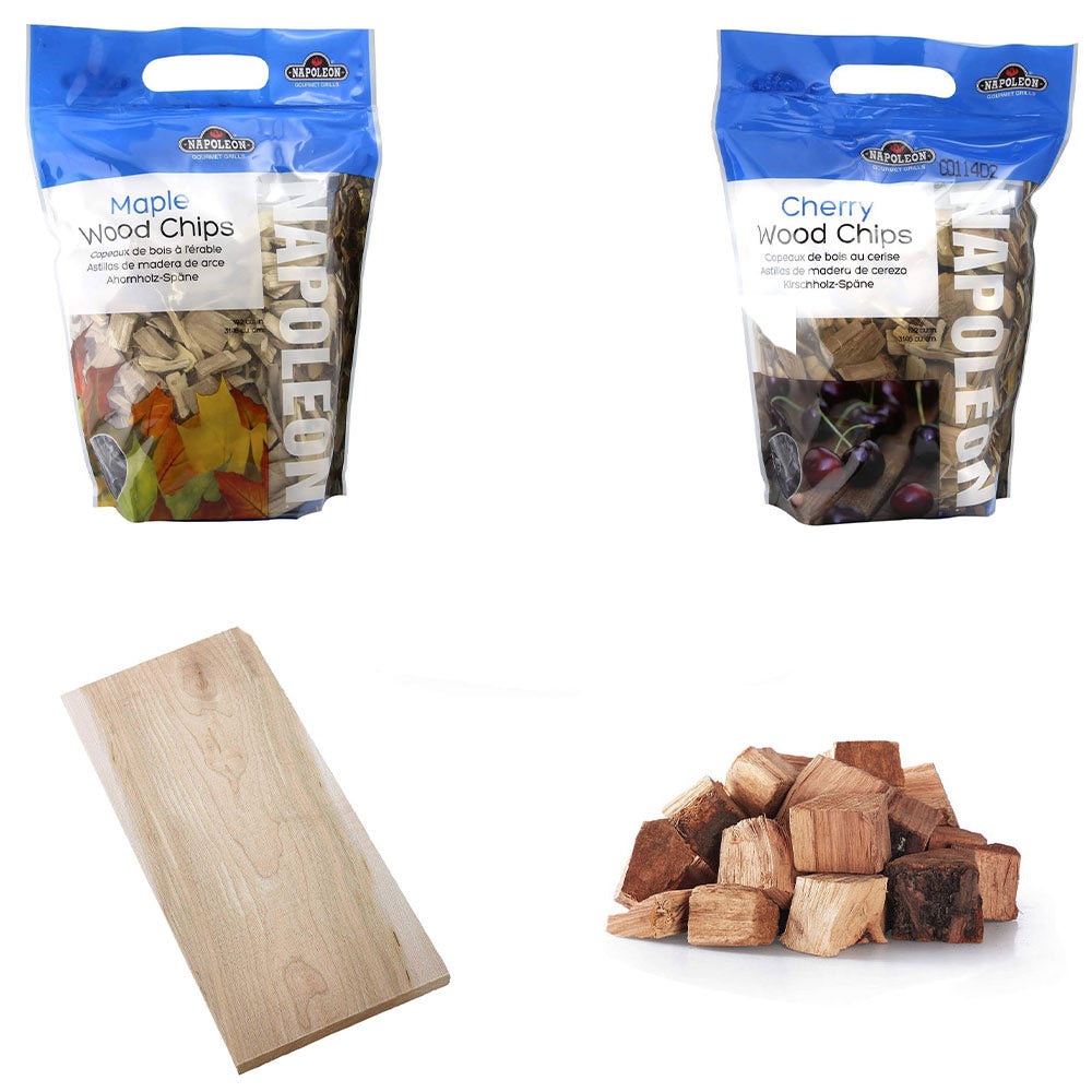 Wood chips bundle with two blue chip bags and cut wood chunks for smoking
