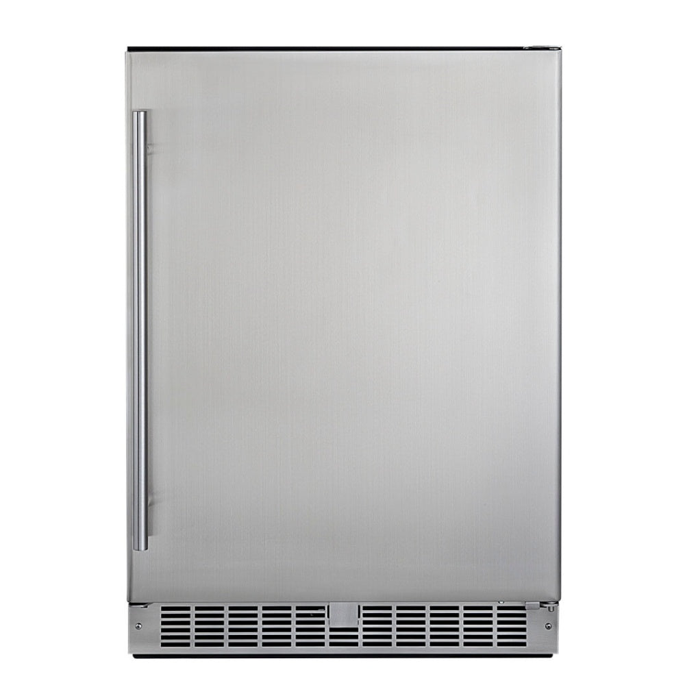 Stainless steel outdoor refrigerator with side handle and front vented grille at base
