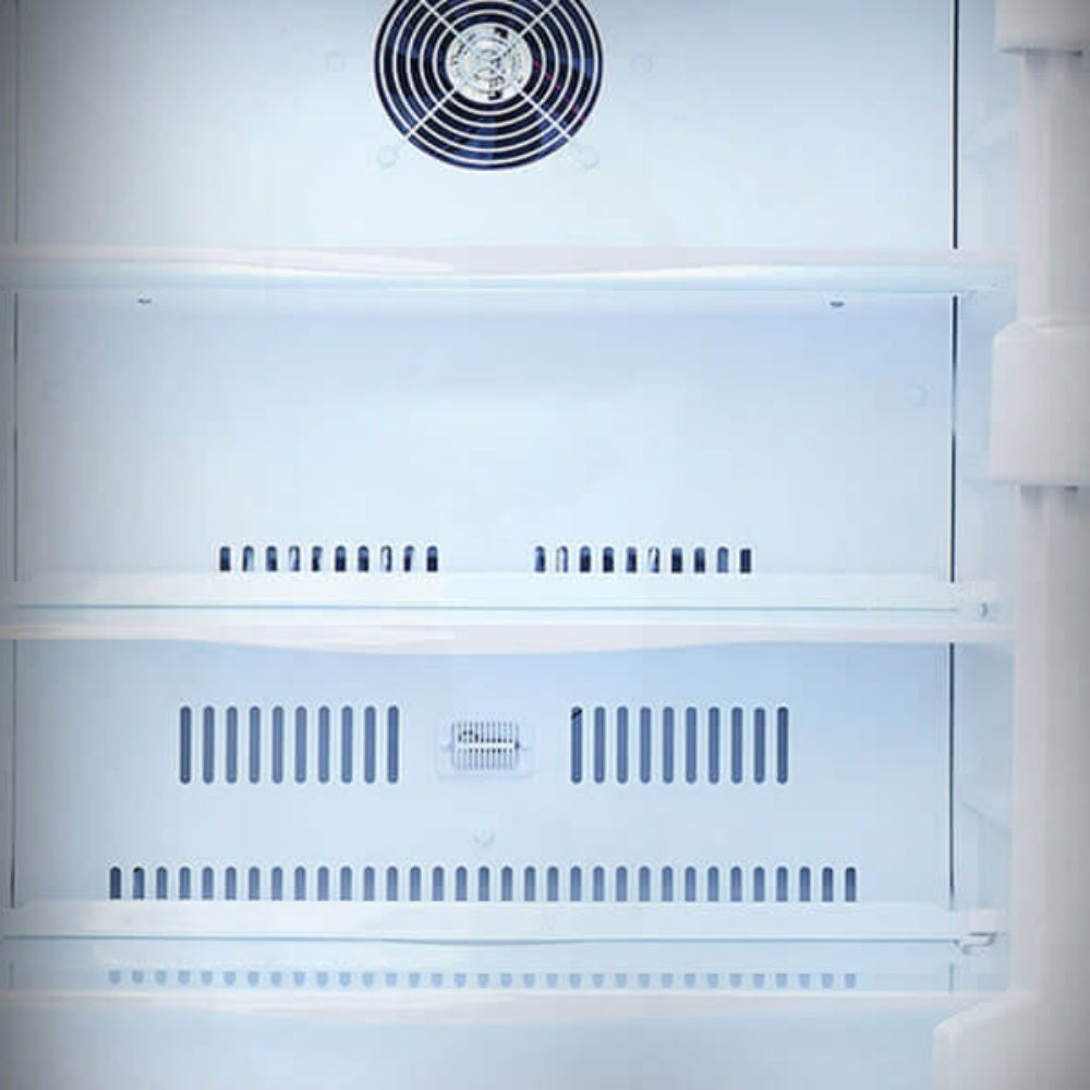 White refrigerator interior with multiple shelves and vented back panel