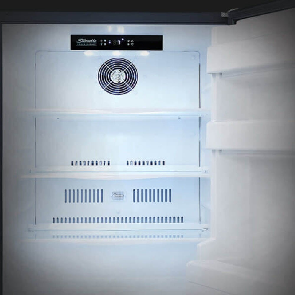 Refrigerator interior with top display, fan grille, and multi-shelf storage compartments