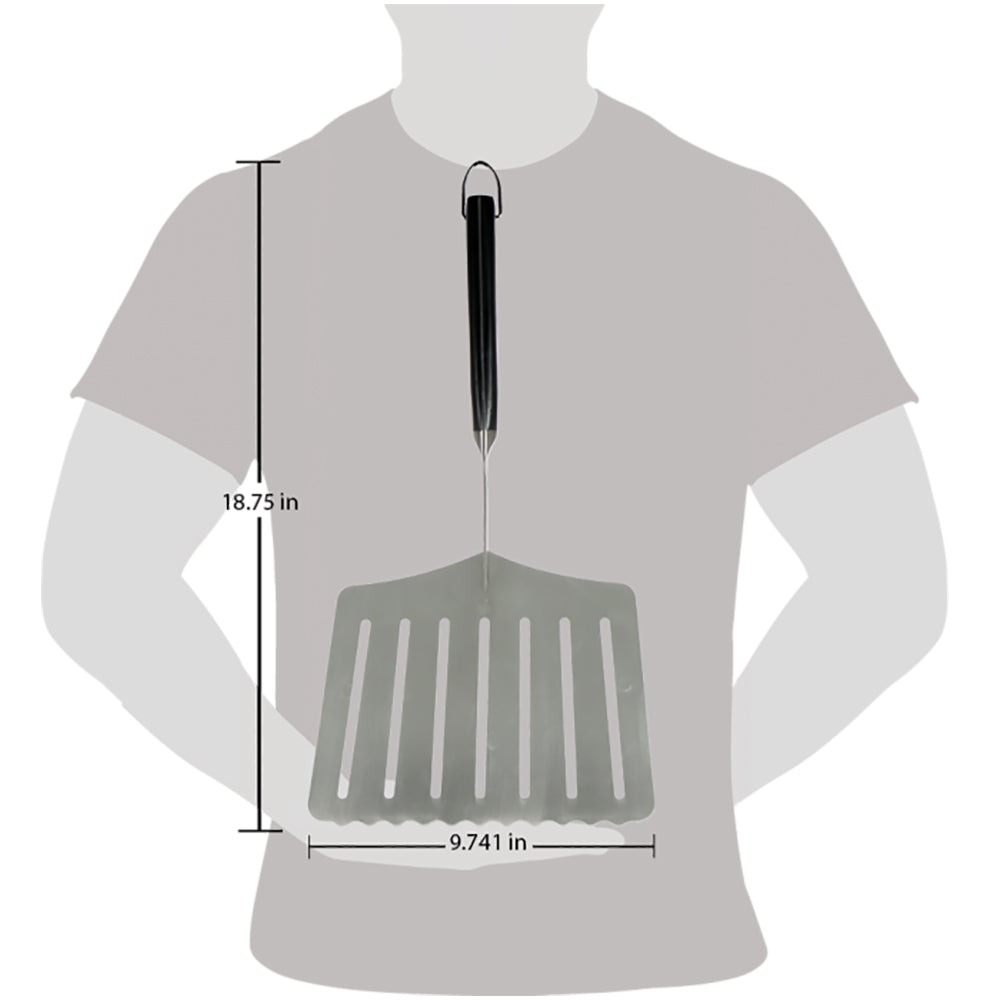 Oversized hawg lifter spatula size diagram with slotted head and black handle
