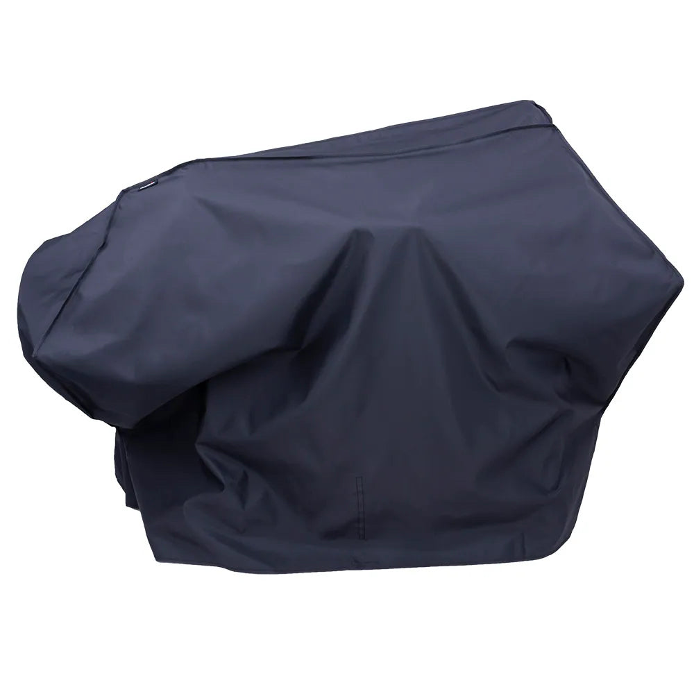 Grill and smoker cover in dark navy with drawcord hem and zipped front panel