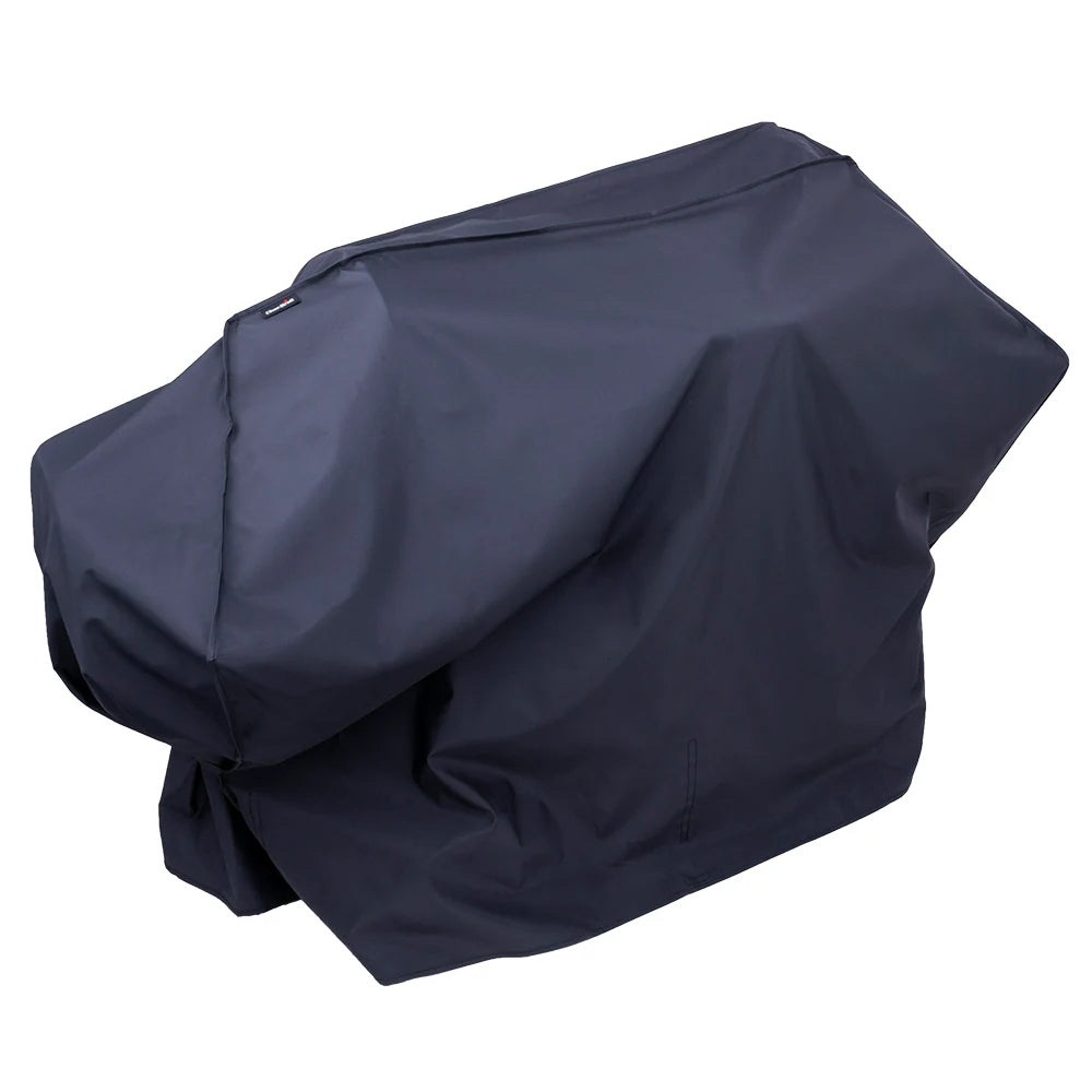 Grill and smoker cover in dark navy with side panels and drawcord hem