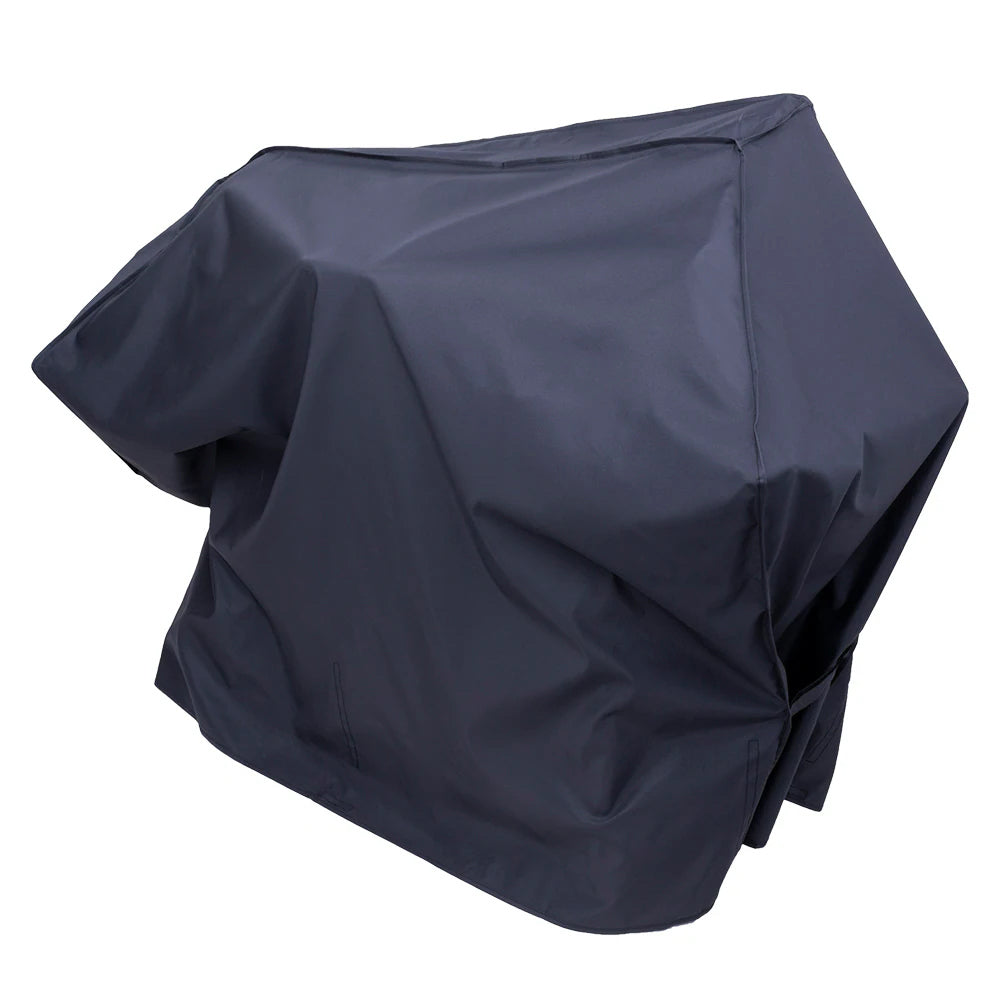 Grill and smoker cover in dark navy with tailored panels and drawcord hem