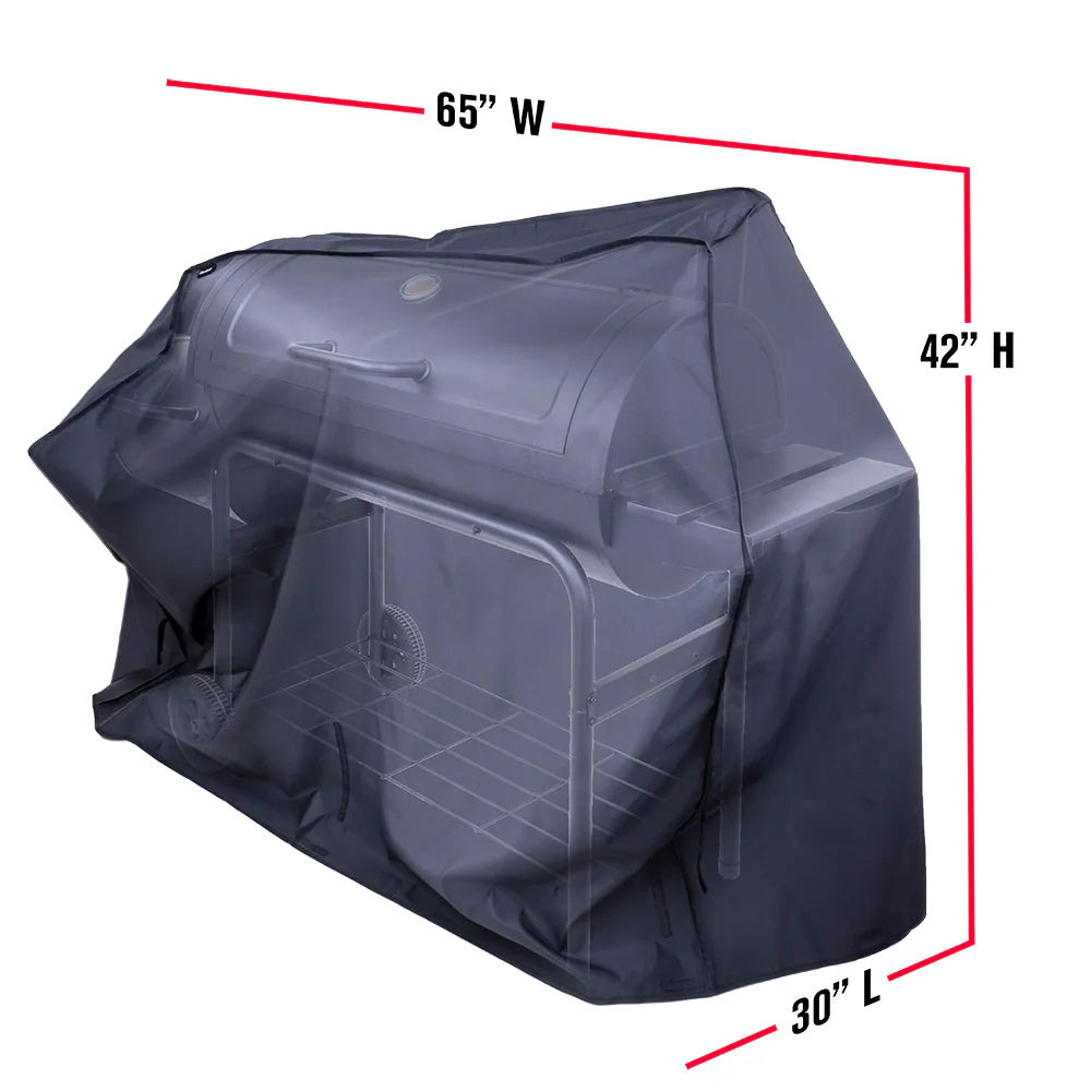 Grill and smoker cover in dark navy with 65" W x 42" H x 30" L dimensions