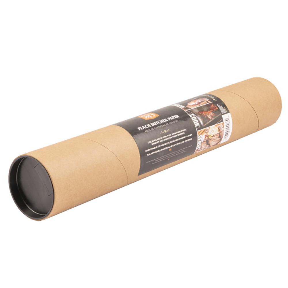 Peach butcher paper roll with black end label, tan kraft paper