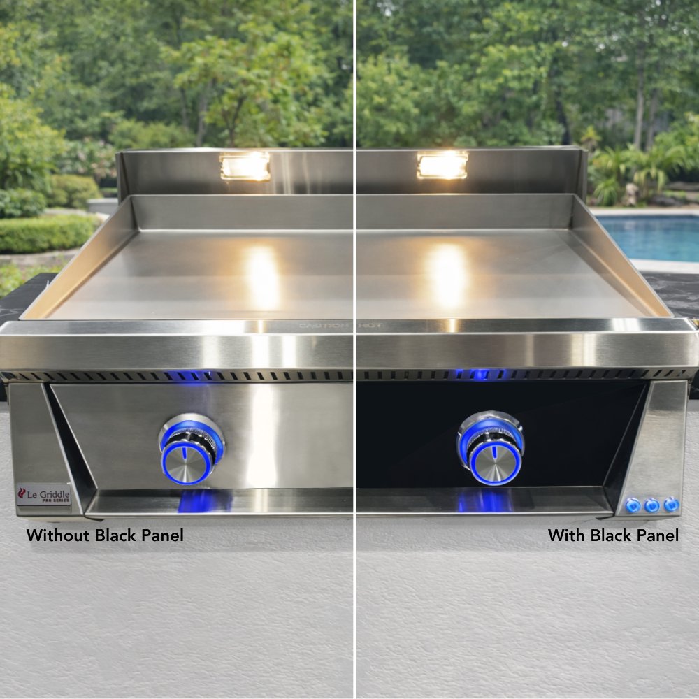 Black panel front on griddle with blue illuminated knob and control buttons