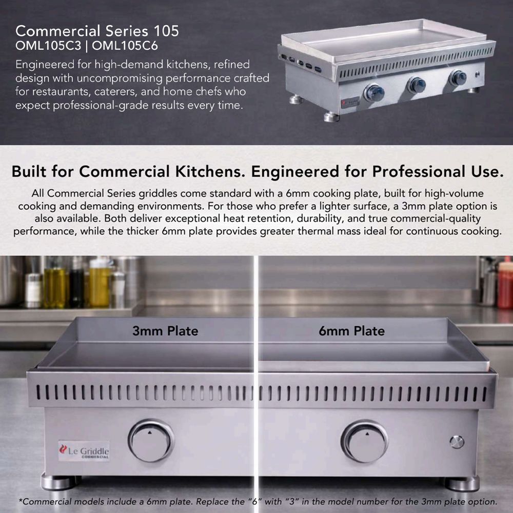 Freestanding gas griddle with ribbed stainless cooking surface and two front control knobs
