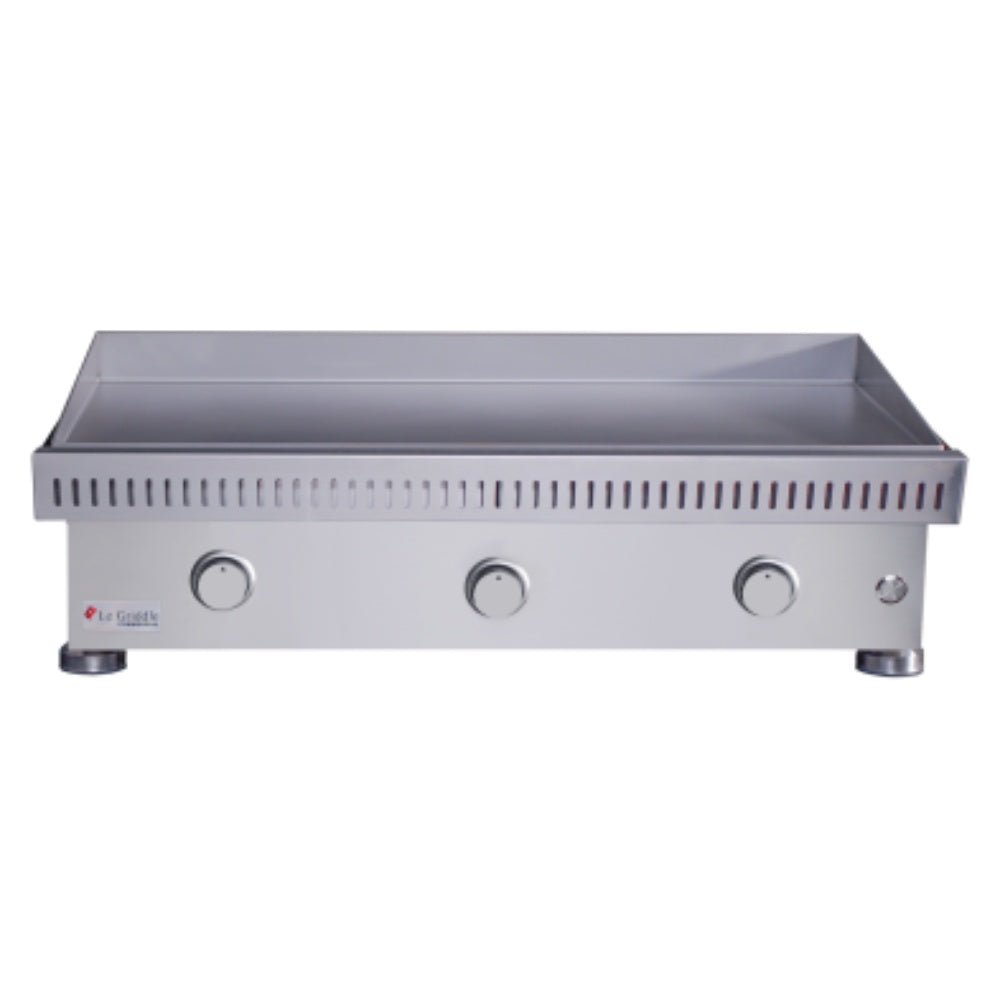 Built-in stainless steel gas griddle with three round control knobs and side mounting feet