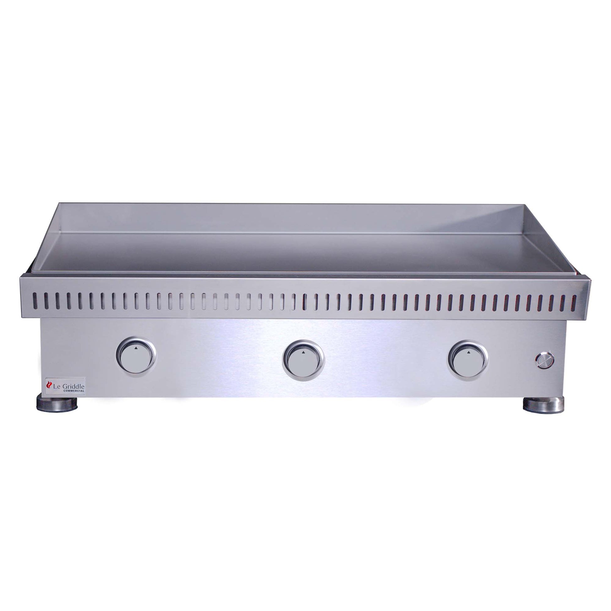 Built-in stainless steel gas griddle with three front control knobs and drip trough