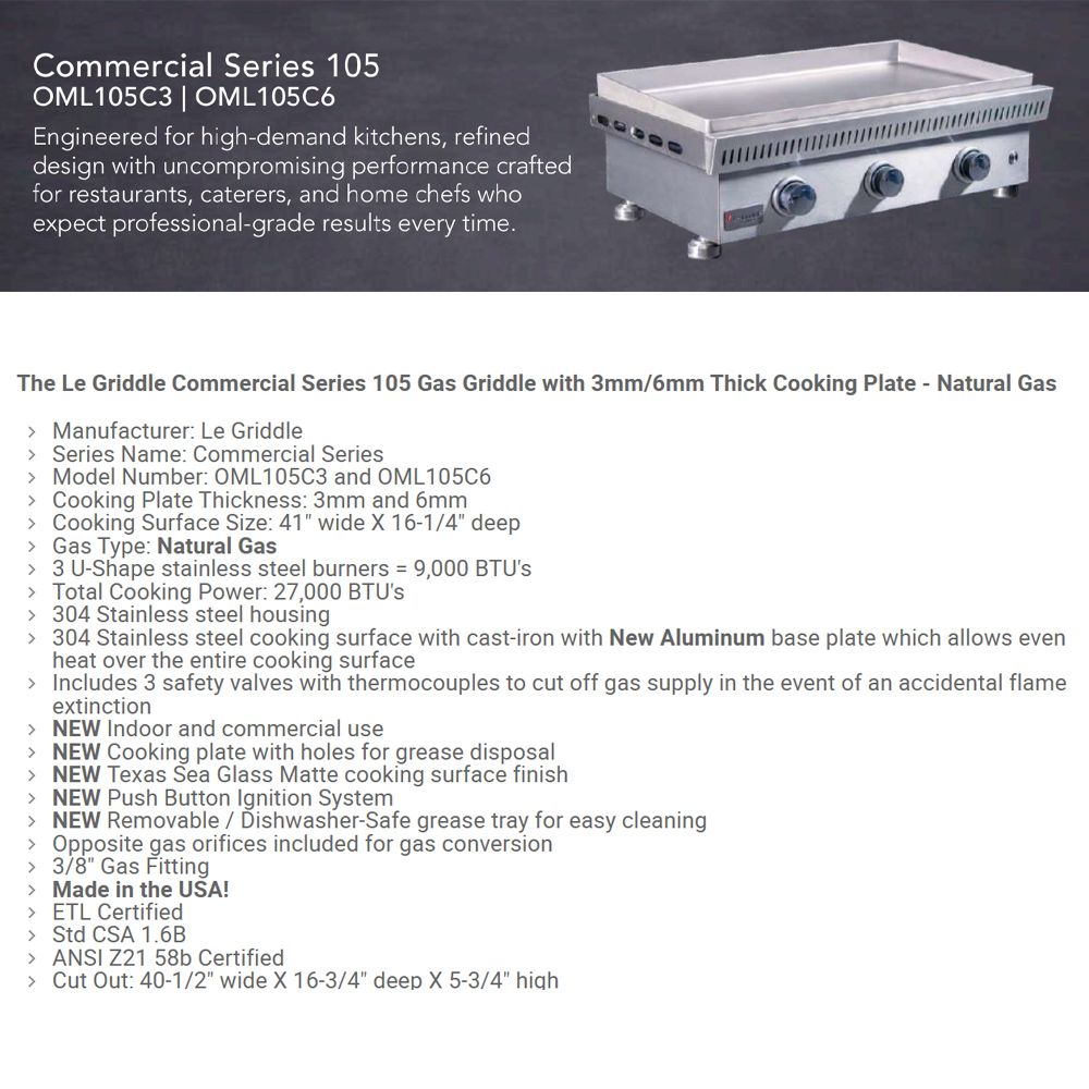 Commercial 105 built-in gas griddle, stainless steel body with three control knobs and drip tray