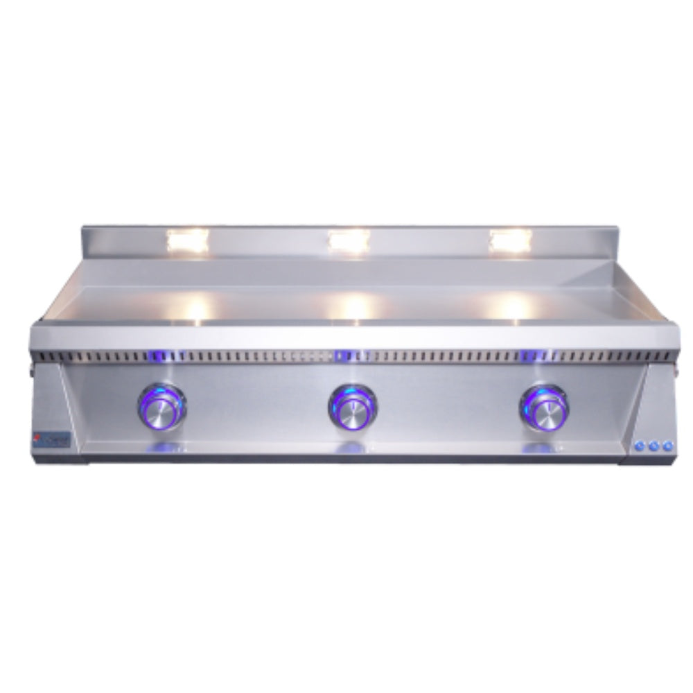 Stainless built-in gas griddle with three blue control knobs and front control panel