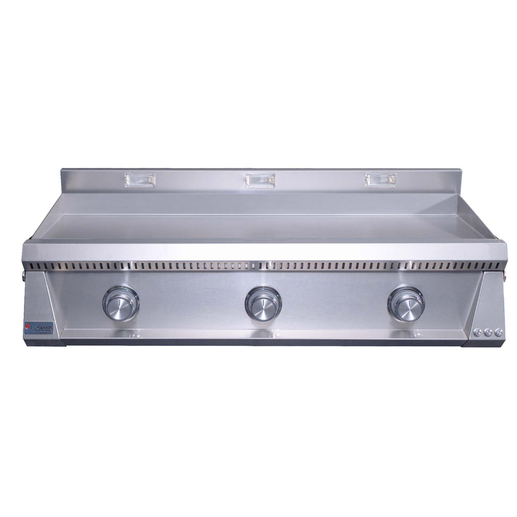 Built-in gas griddle with stainless steel top plate, rear ledge, and three knobs