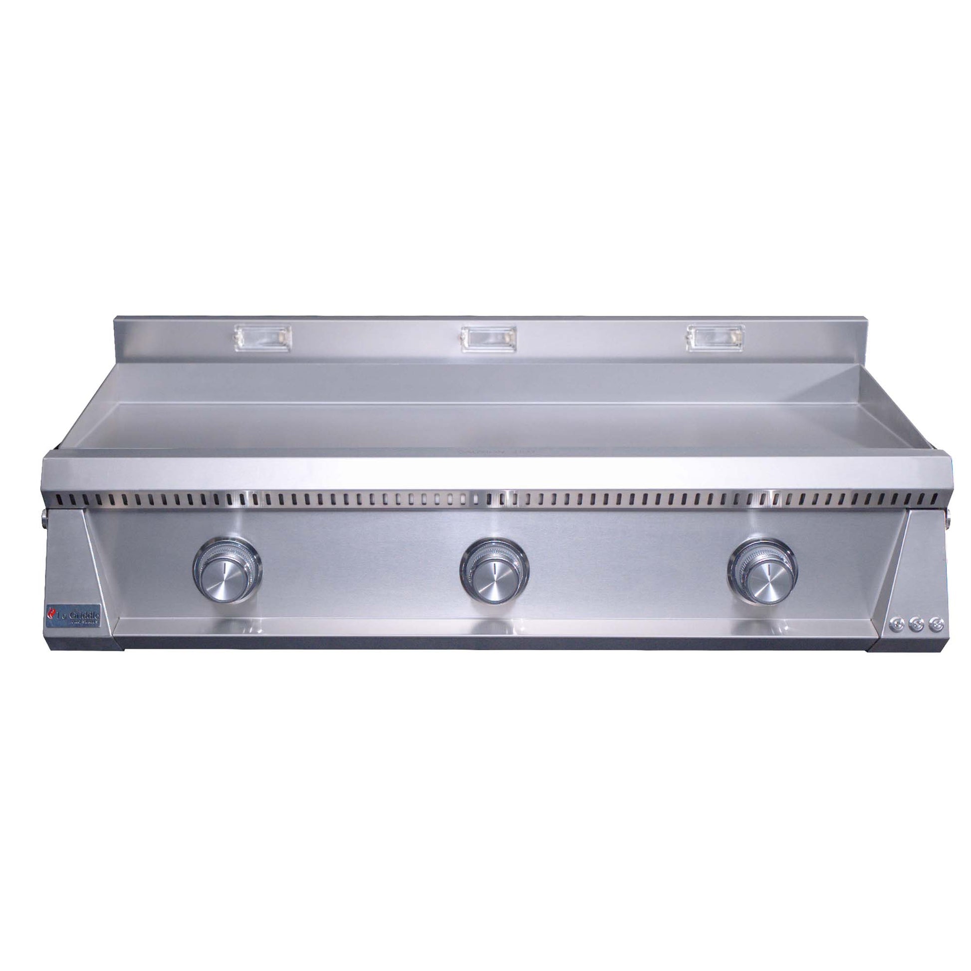 Built-in gas griddle with stainless steel top plate, rear ledge, and three knobs