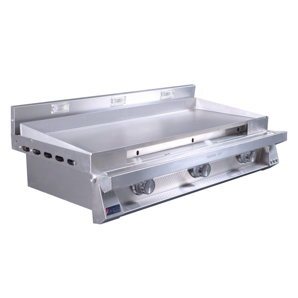 Stainless open built-in gas griddle with exposed burners and control knobs