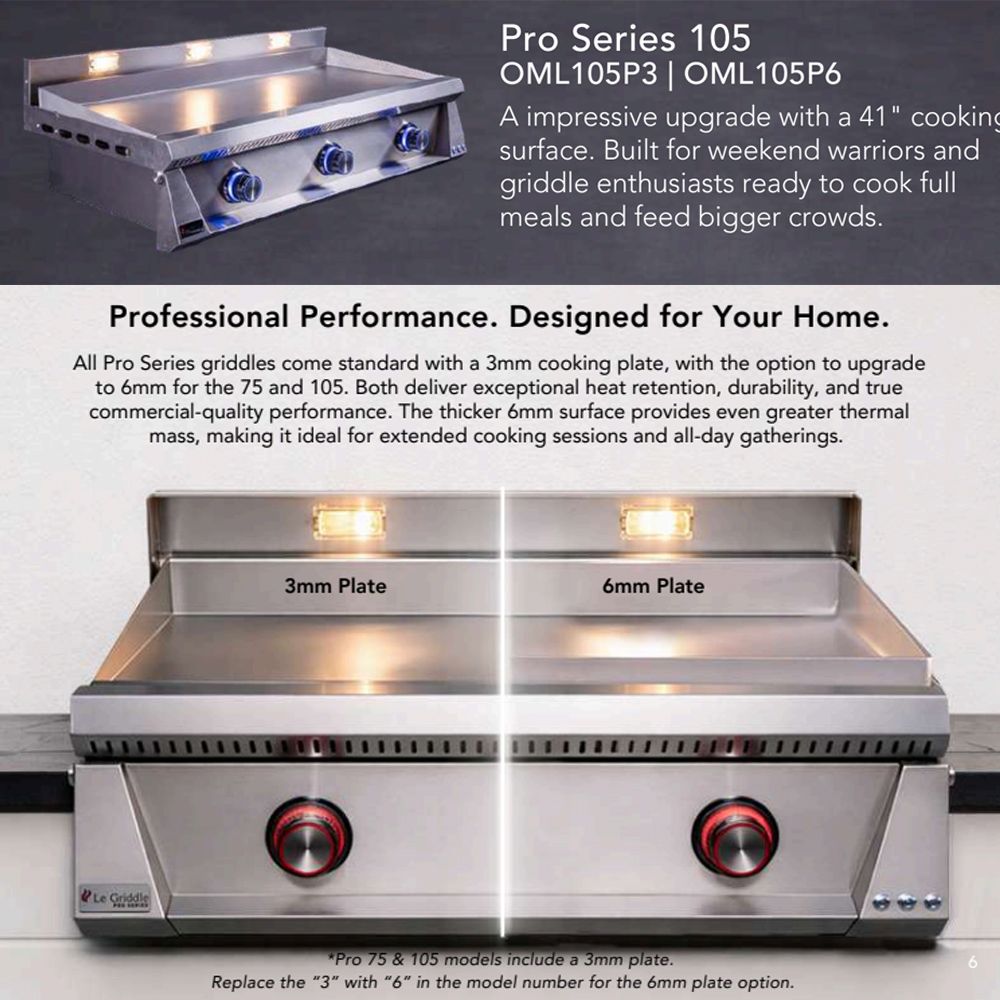 Stainless built-in gas griddle showing two cooking plate options with front controls