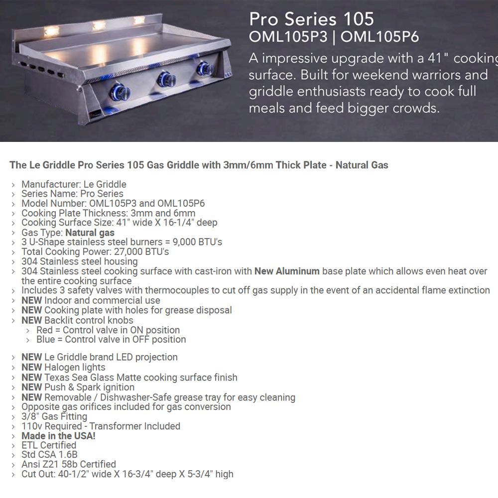 Stainless built-in gas griddle with three front knobs and open cooking surface