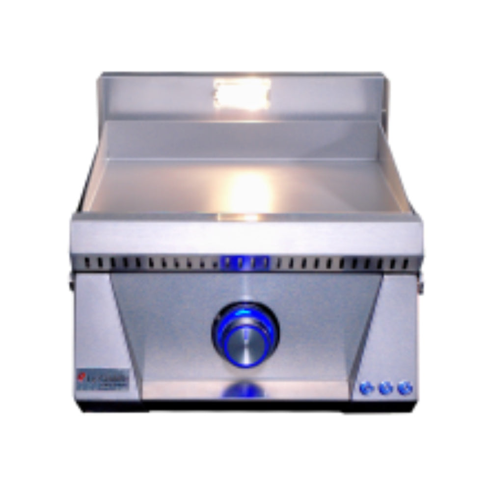 Stainless built-in gas griddle with flat cooking surface and blue front control knob