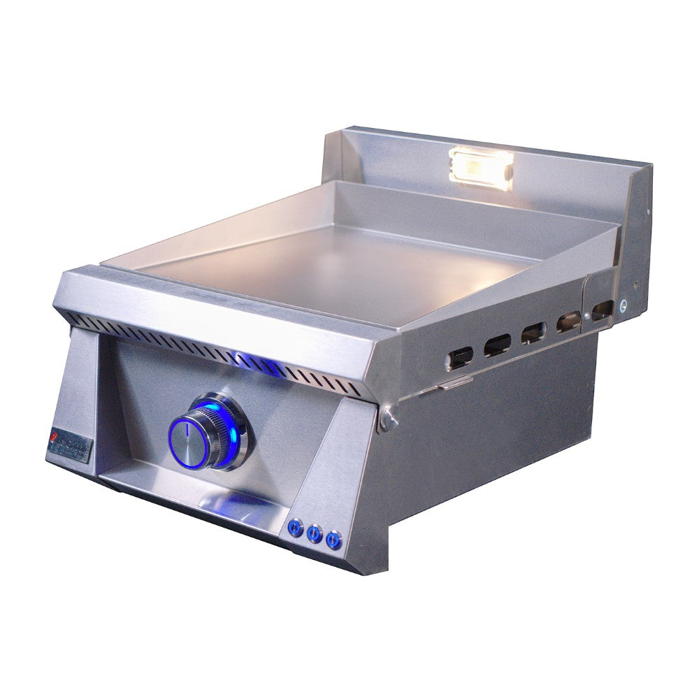 Stainless built-in gas griddle with flat cooking plate and blue control knobs