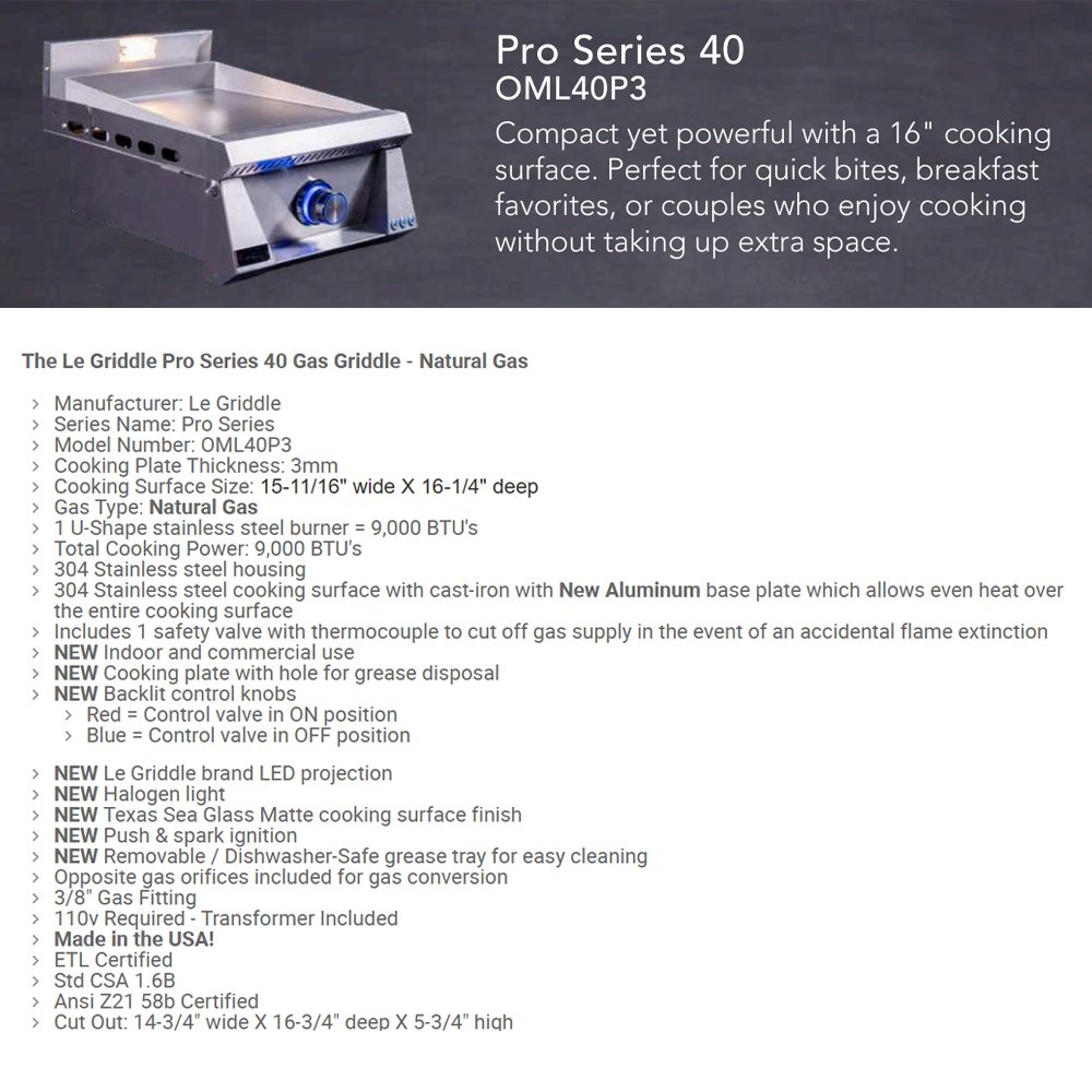 Le Griddle Pro Series 40 built-in gas griddle with stainless control panel