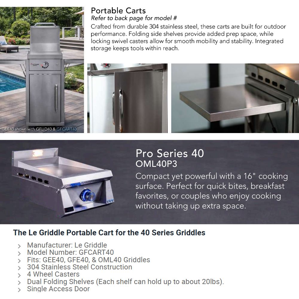 Portable stainless gas griddle on cart with side handle and cooking surface