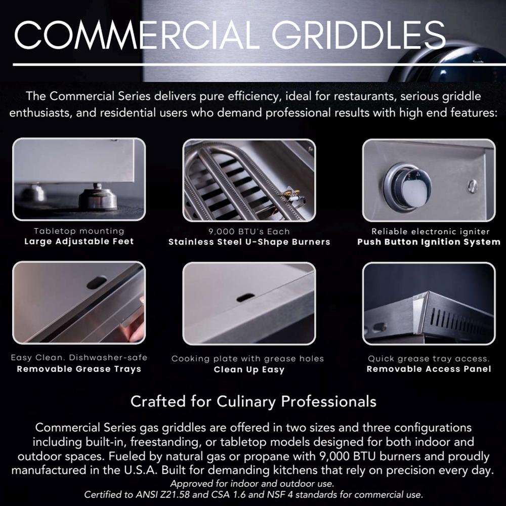 Commercial gas griddle featuring stainless cooking surface and front push-button ignition
