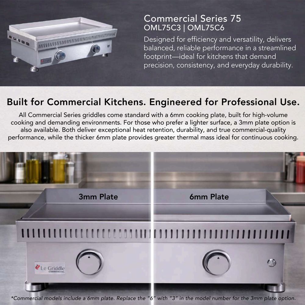 Commercial gas griddle showing 3mm and 6mm cooking plate thickness options