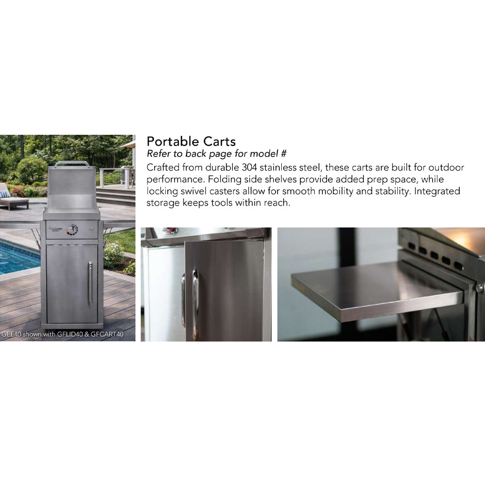 Freestanding gas griddle on a stainless cart base with front control knobs