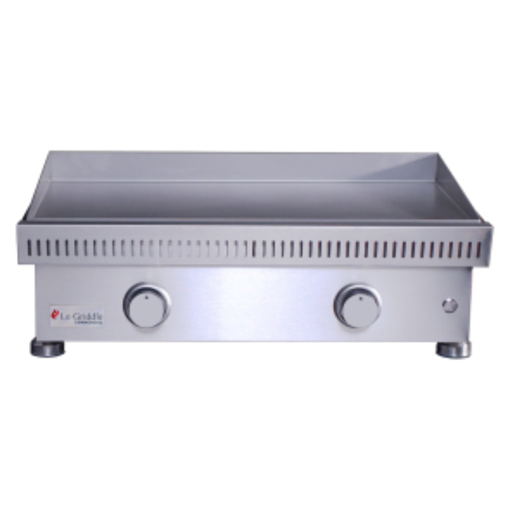 Built-in gas griddle with stainless steel body, flat cooking plate, and two control knobs