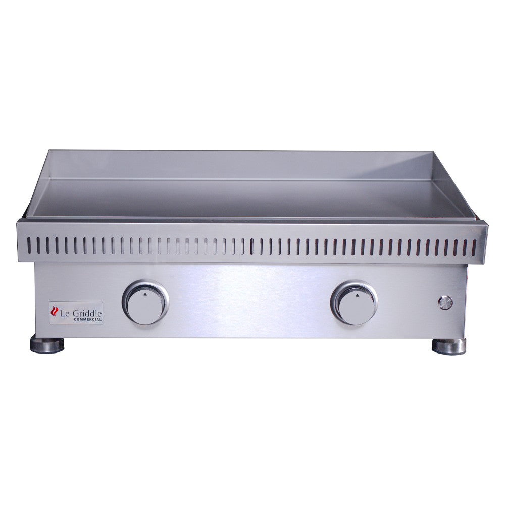 Built-in style gas griddle with raised cooking surface, two front knobs on stainless panel